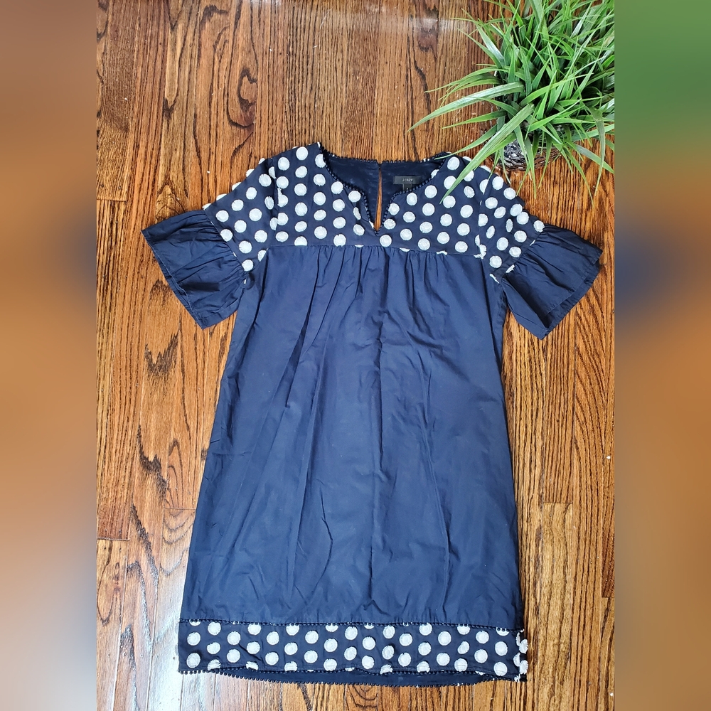 J. Crew Women's Bell Sleeve Dress With Fringe Dot Navy & Cream Size 8 - Picture 4 of 10